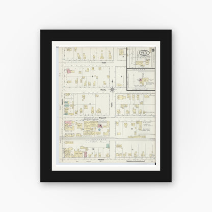Old map wall art mockup — black gallery frame with white mat — Sanborn Fire Insurance Map from Ovid, Clinton County, Michigan (1890), Sheet #0003