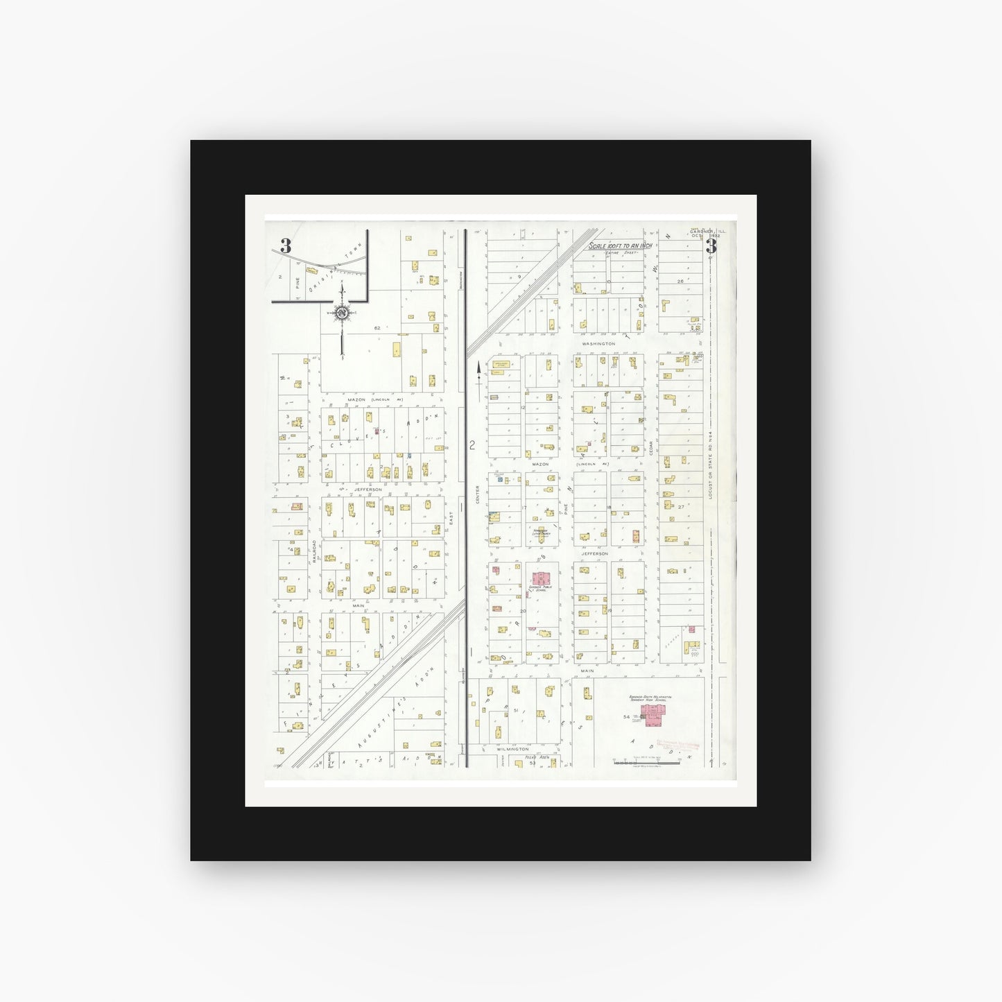 Old map wall art mockup — black gallery frame with white mat — Sanborn Fire Insurance Map from Gardner, Grundy County, Illinois (1932), Sheet #0003
