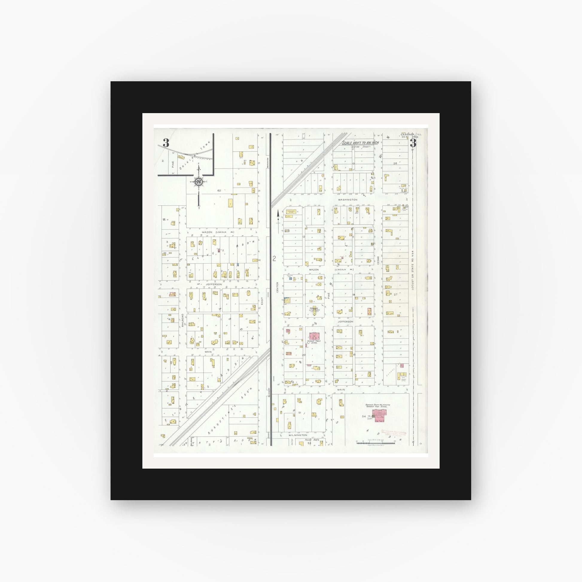 Old map wall art mockup — black gallery frame with white mat — Sanborn Fire Insurance Map from Gardner, Grundy County, Illinois (1932), Sheet #0003