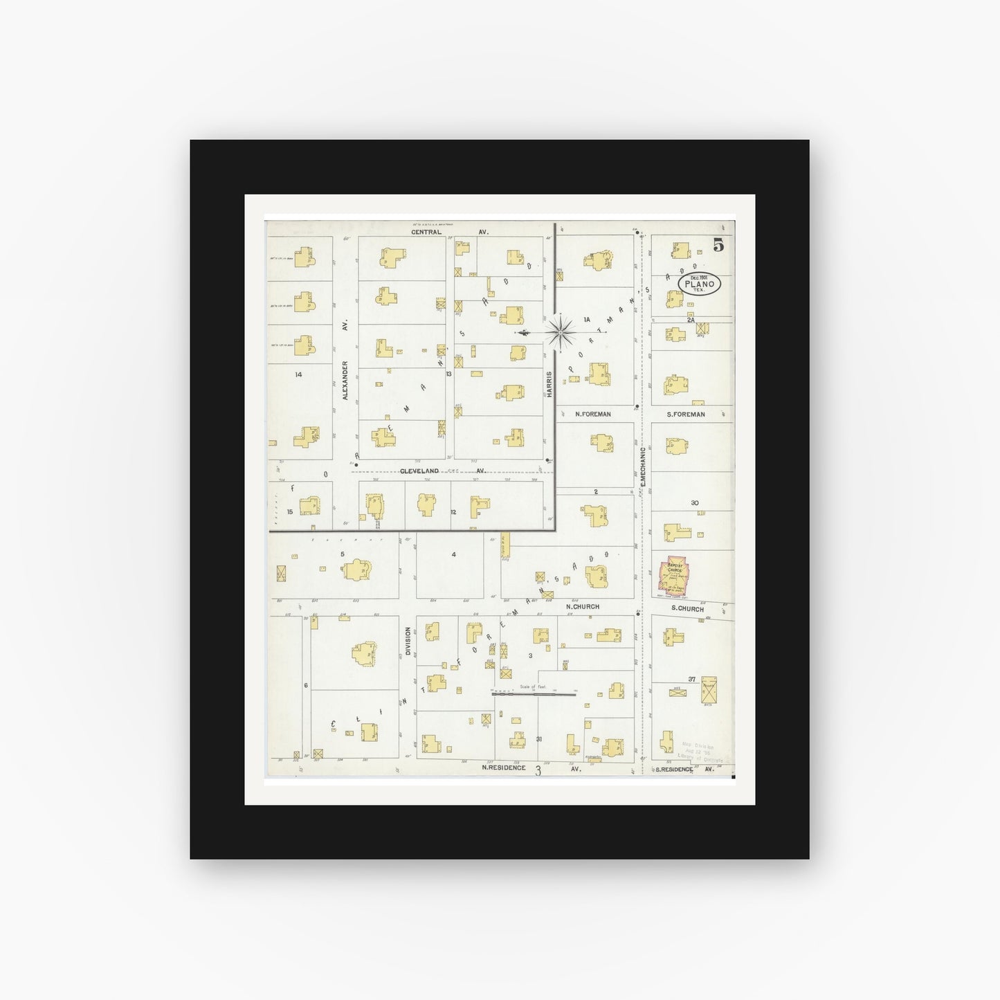 Old map wall art mockup — black gallery frame with white mat — Sanborn Fire Insurance Map from Plano, Collin County, Texas (1901), Sheet #0005