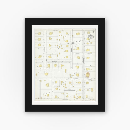 Old map wall art mockup — black gallery frame with white mat — Sanborn Fire Insurance Map from Plano, Collin County, Texas (1901), Sheet #0005
