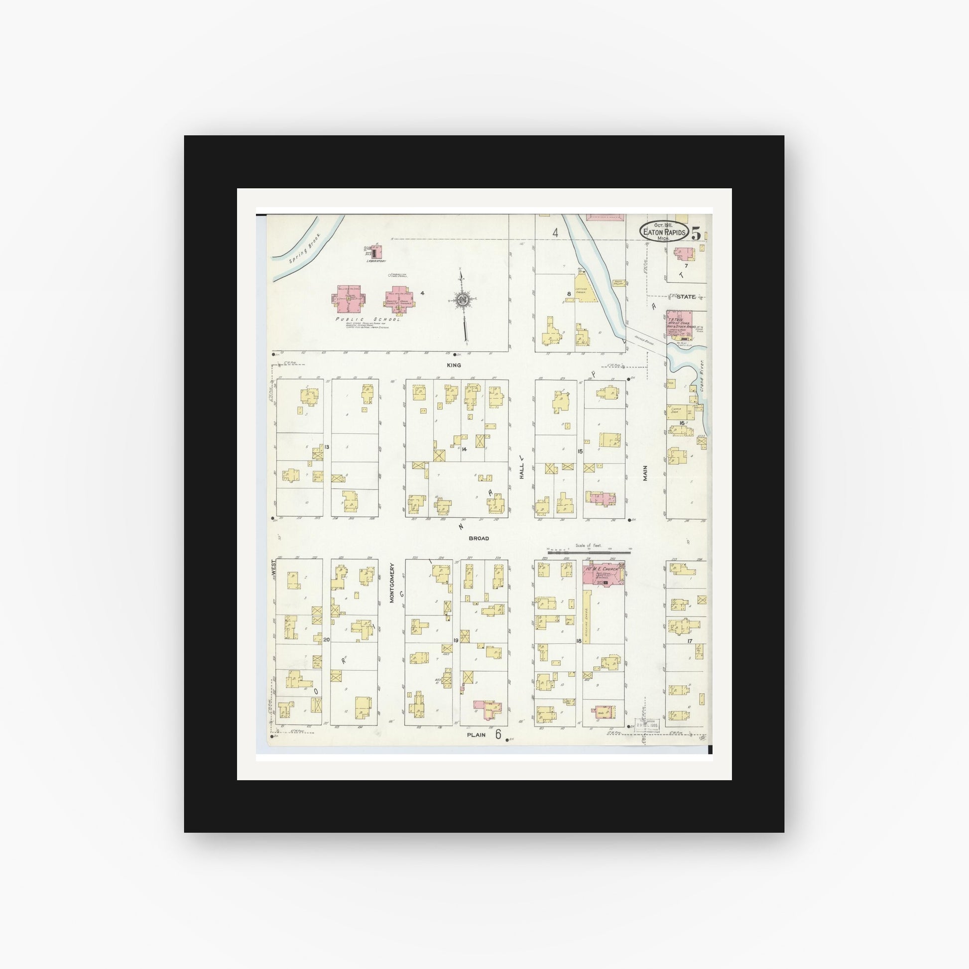 Old map wall art mockup — black gallery frame with white mat — Sanborn Fire Insurance Map from Eaton Rapids, Eaton County, Michigan (1911), Sheet #0005