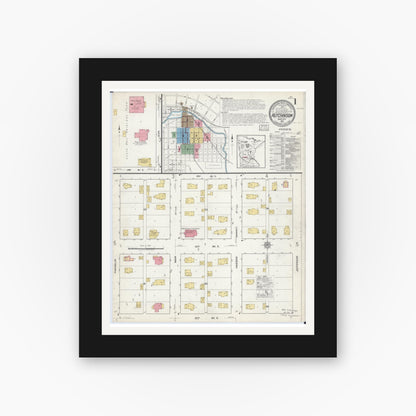 Old map wall art mockup — black gallery frame with white mat — Sanborn Fire Insurance Map from Hutchinson, Mcleod County, Minnesota (1917), Sheet #0001
