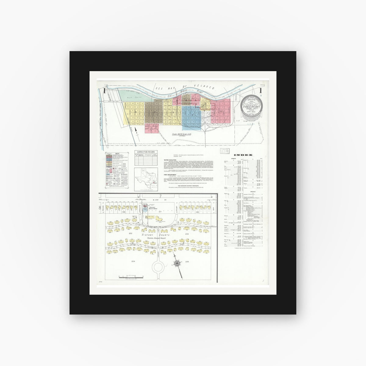 Old map wall art mockup — black gallery frame with white mat — Sanborn Fire Insurance Map from Freeport, Brazoria County, Texas (1943) - Complete Map Set
