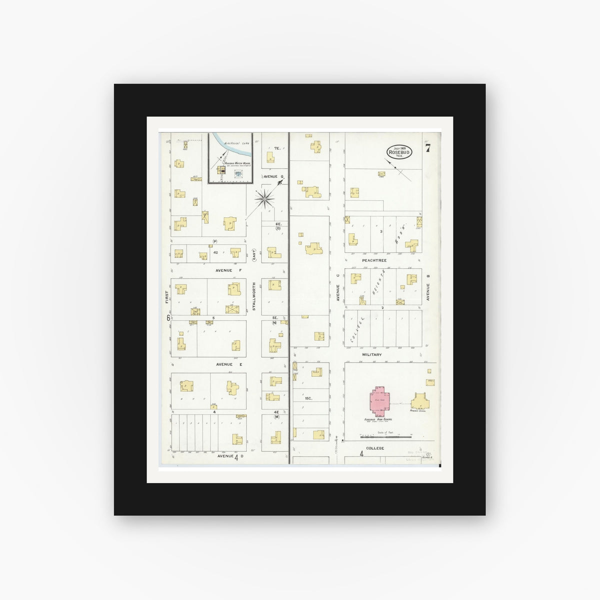 Old map wall art mockup — black gallery frame with white mat — Sanborn Fire Insurance Map from Rosebud, Falls County, Texas (1909), Sheet #0007