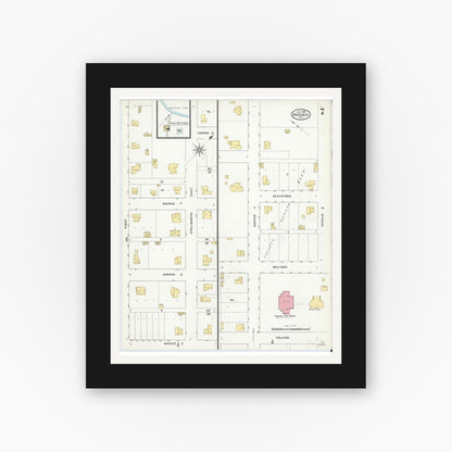 Old map wall art mockup — black gallery frame with white mat — Sanborn Fire Insurance Map from Rosebud, Falls County, Texas (1909), Sheet #0007