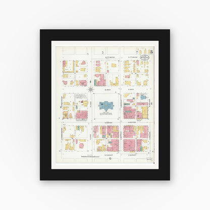 Old map wall art mockup — black gallery frame with white mat — Sanborn Fire Insurance Map from Warsaw, Kosciusko County, Indiana (1905), Sheet #0005