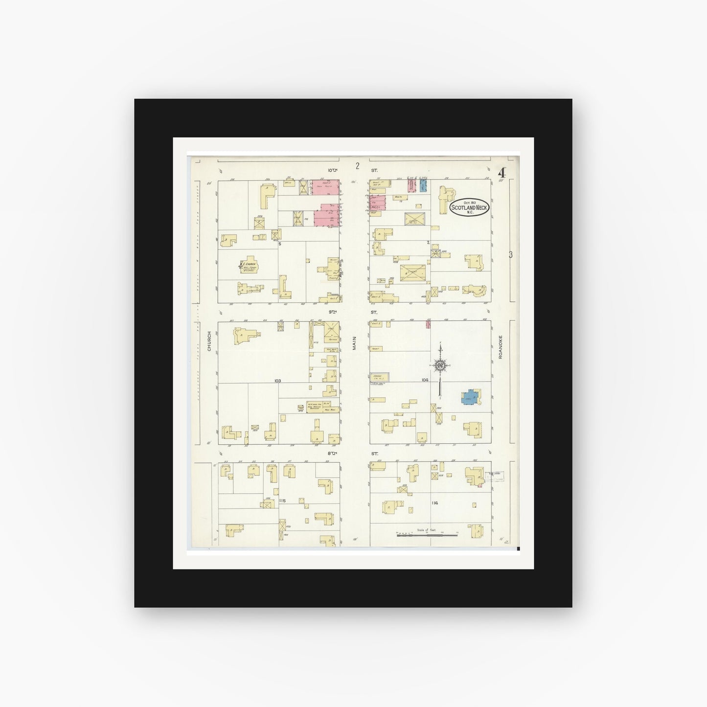 Old map wall art mockup — black gallery frame with white mat — Sanborn Fire Insurance Map from Scotland Neck, Halifax County, North Carolina (1913), Sheet #0004