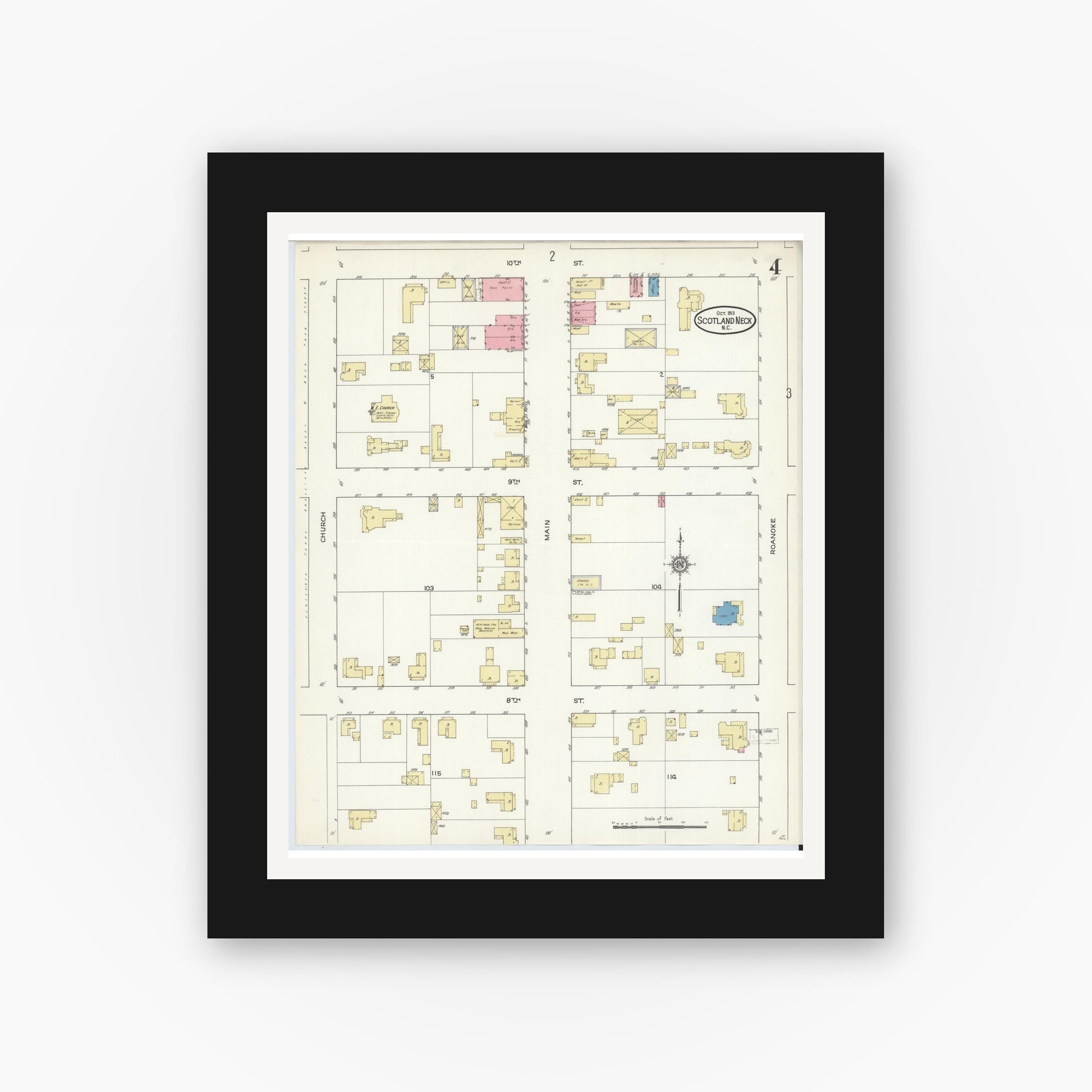 Old map wall art mockup — black gallery frame with white mat — Sanborn Fire Insurance Map from Scotland Neck, Halifax County, North Carolina (1913), Sheet #0004