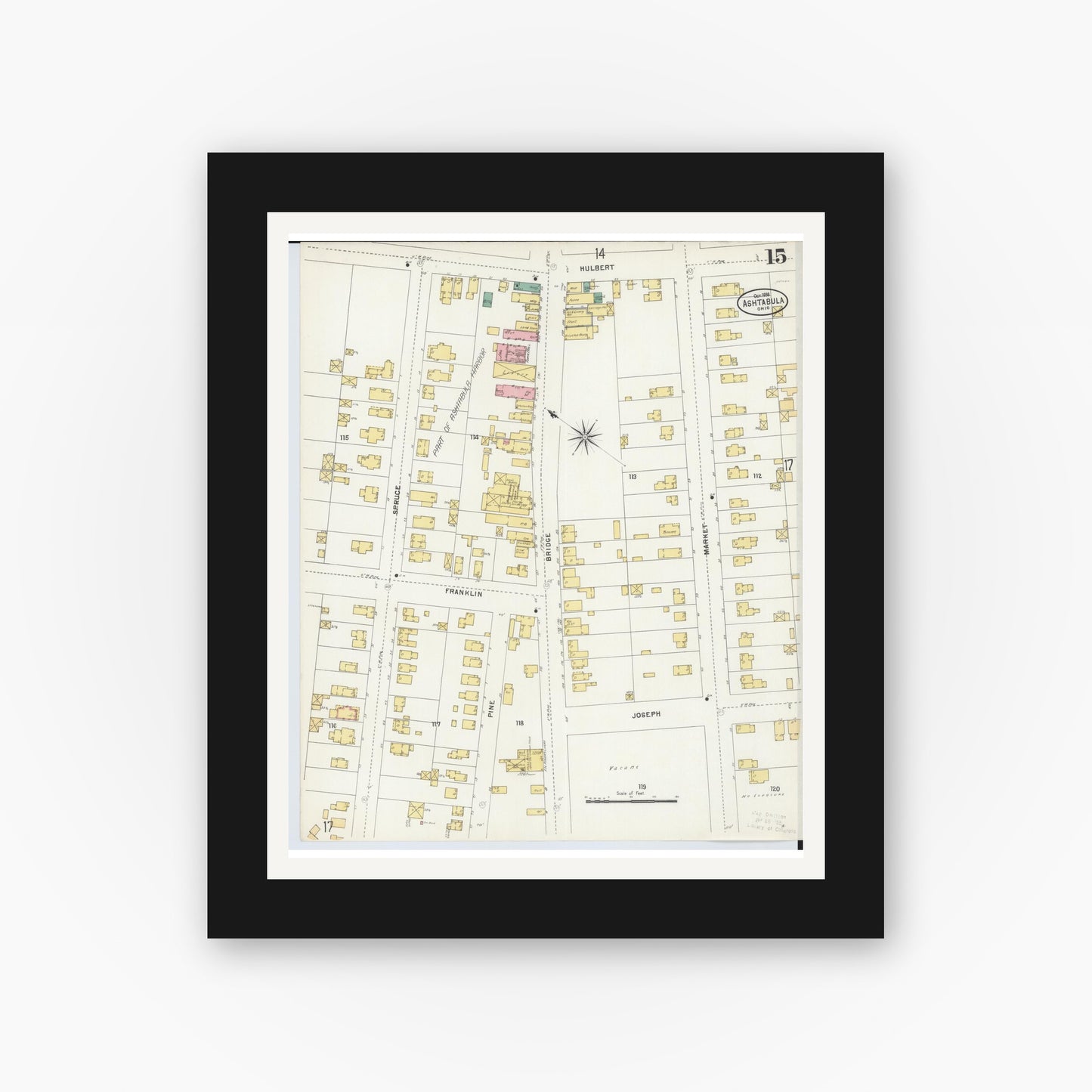 Old map wall art mockup — black gallery frame with white mat — Sanborn Fire Insurance Map from Ashtabula, Ashtabula County, Ohio (1898), Sheet #0015