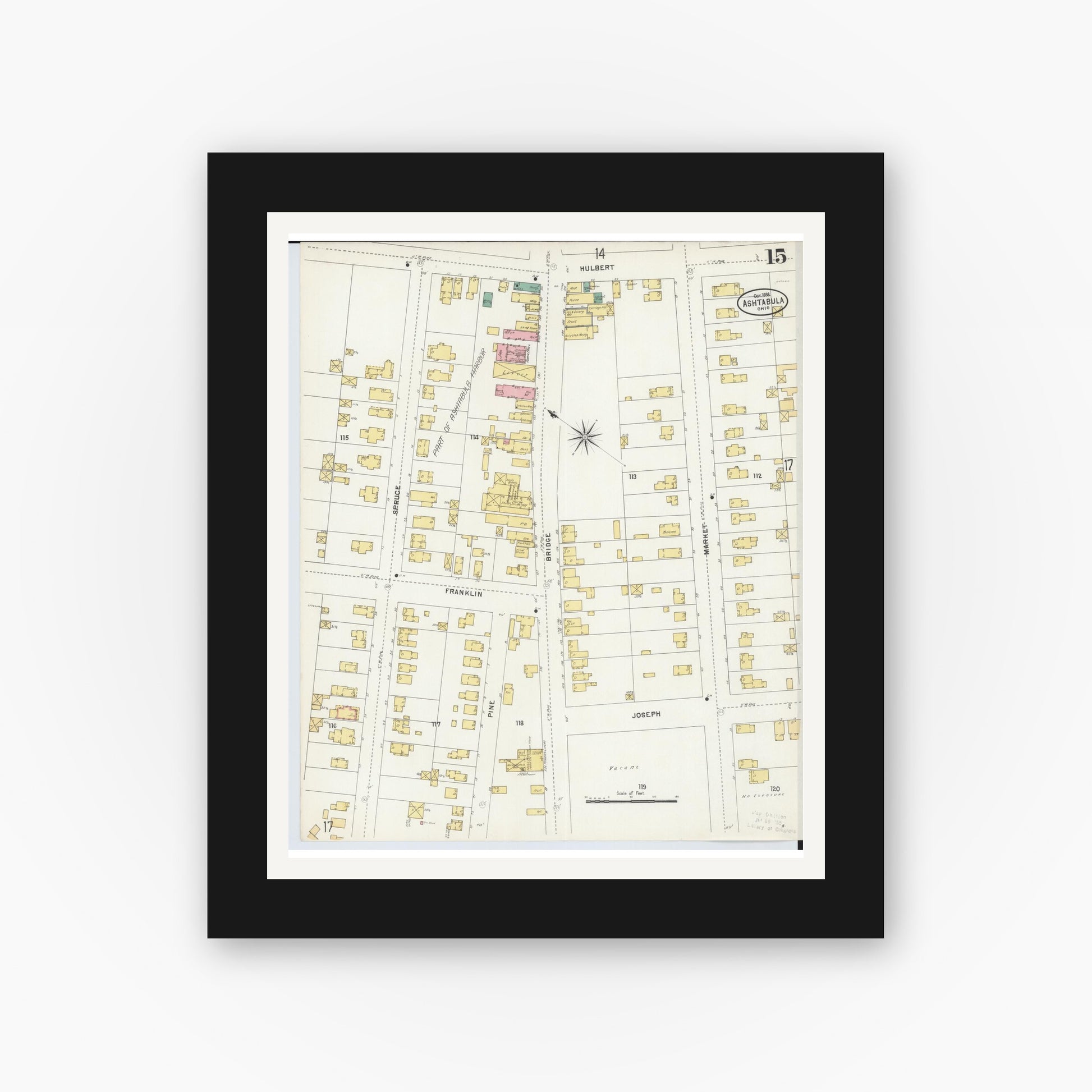 Old map wall art mockup — black gallery frame with white mat — Sanborn Fire Insurance Map from Ashtabula, Ashtabula County, Ohio (1898), Sheet #0015