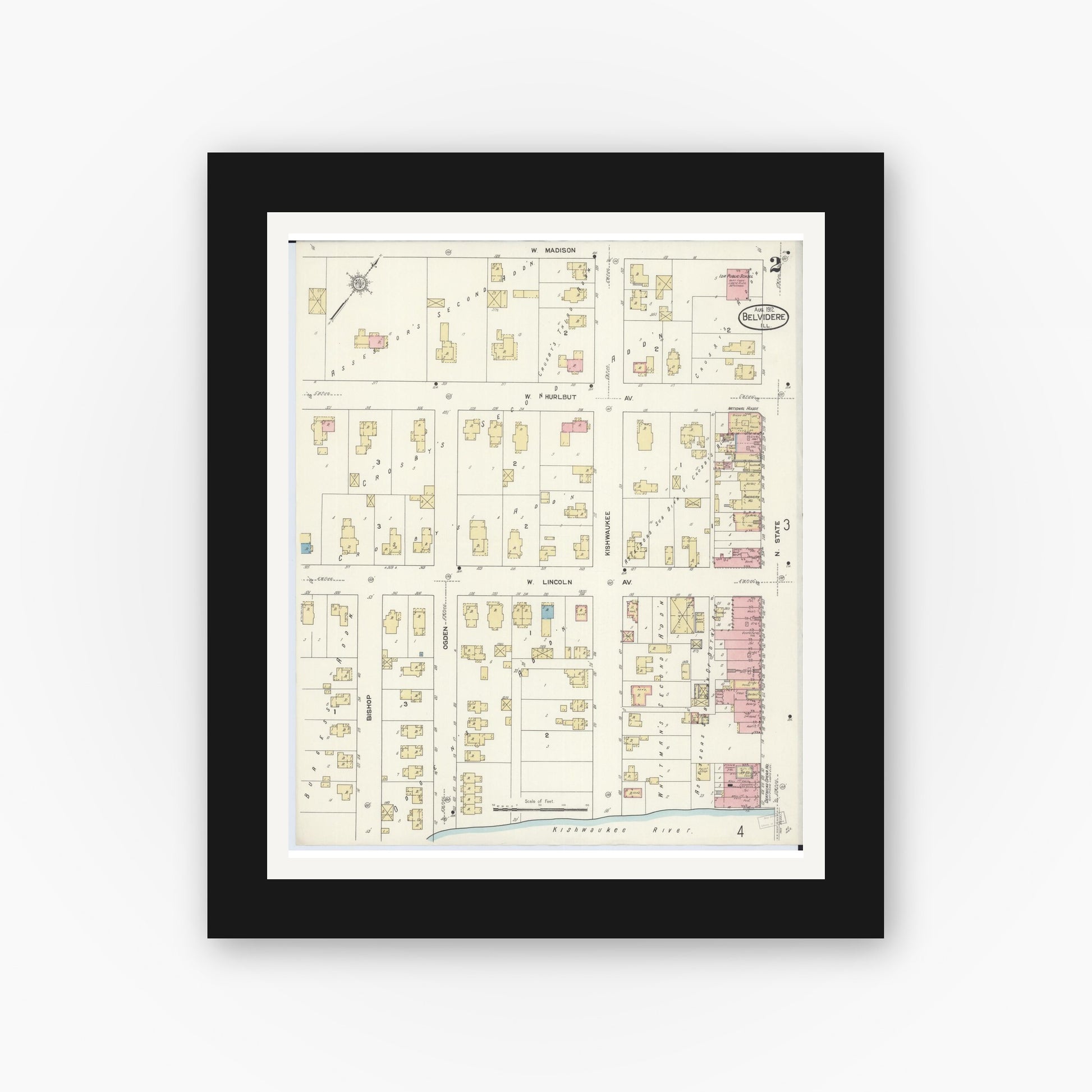 Old map wall art mockup — black gallery frame with white mat — Sanborn Fire Insurance Map from Belvidere, Boone County, Illinois (1912), Sheet #0002