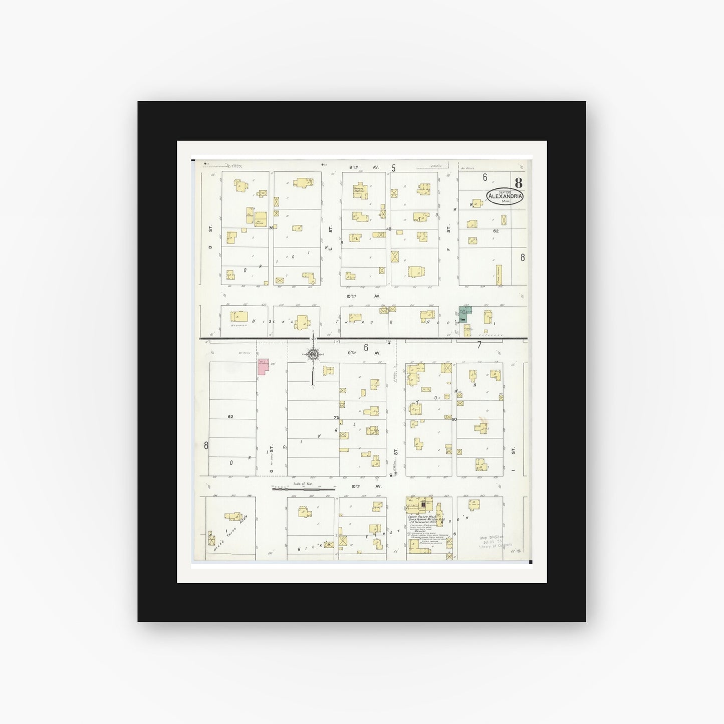 Old map wall art mockup — black gallery frame with white mat — Sanborn Fire Insurance Map from Alexandria, Douglas County, Minnesota (1909), Sheet #0008