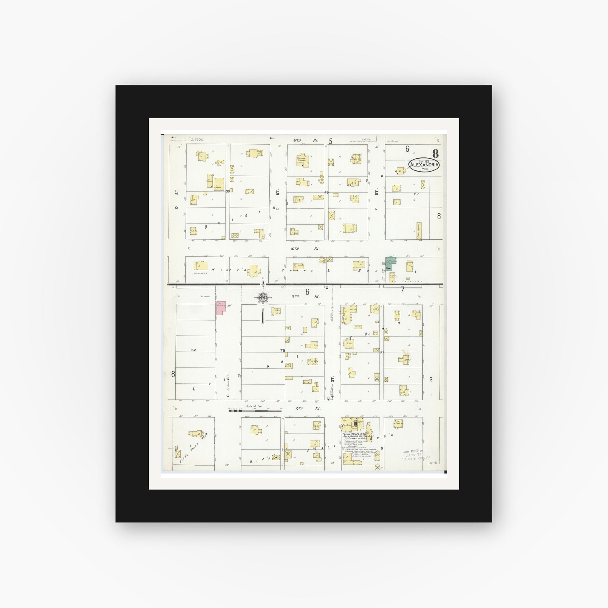 Old map wall art mockup — black gallery frame with white mat — Sanborn Fire Insurance Map from Alexandria, Douglas County, Minnesota (1909), Sheet #0008