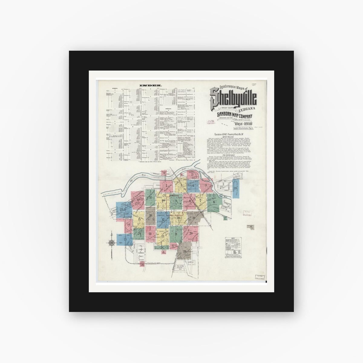 Old map wall art mockup — black gallery frame with white mat — Sanborn Fire Insurance Map from Shelbyville, Shelby County, Indiana (1910) - Complete Map Set