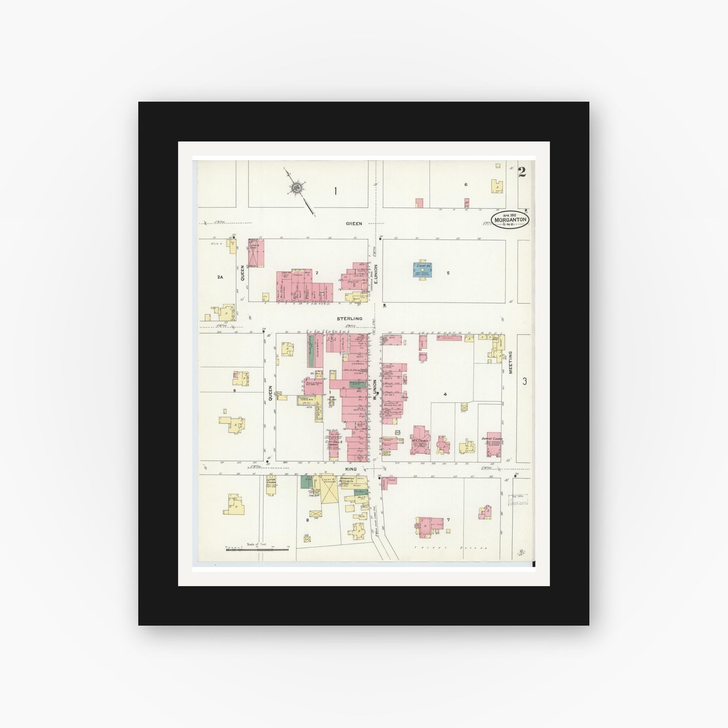 Old map wall art mockup — black gallery frame with white mat — Sanborn Fire Insurance Map from Morganton, Burke County, North Carolina (1910), Sheet #0002