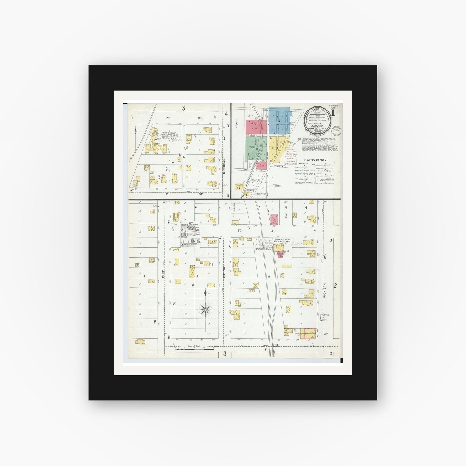 Old map wall art mockup — black gallery frame with white mat — Sanborn Fire Insurance Map from Shelby, Oceana County, Michigan (1900), Sheet #0001