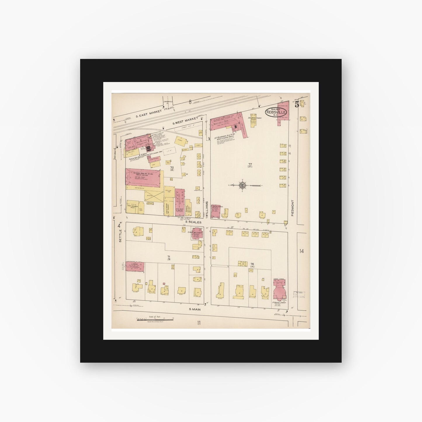 Old map wall art mockup — black gallery frame with white mat — Sanborn Fire Insurance Map from Reidsville, Rockingham County, North Carolina (1922), Sheet #0005