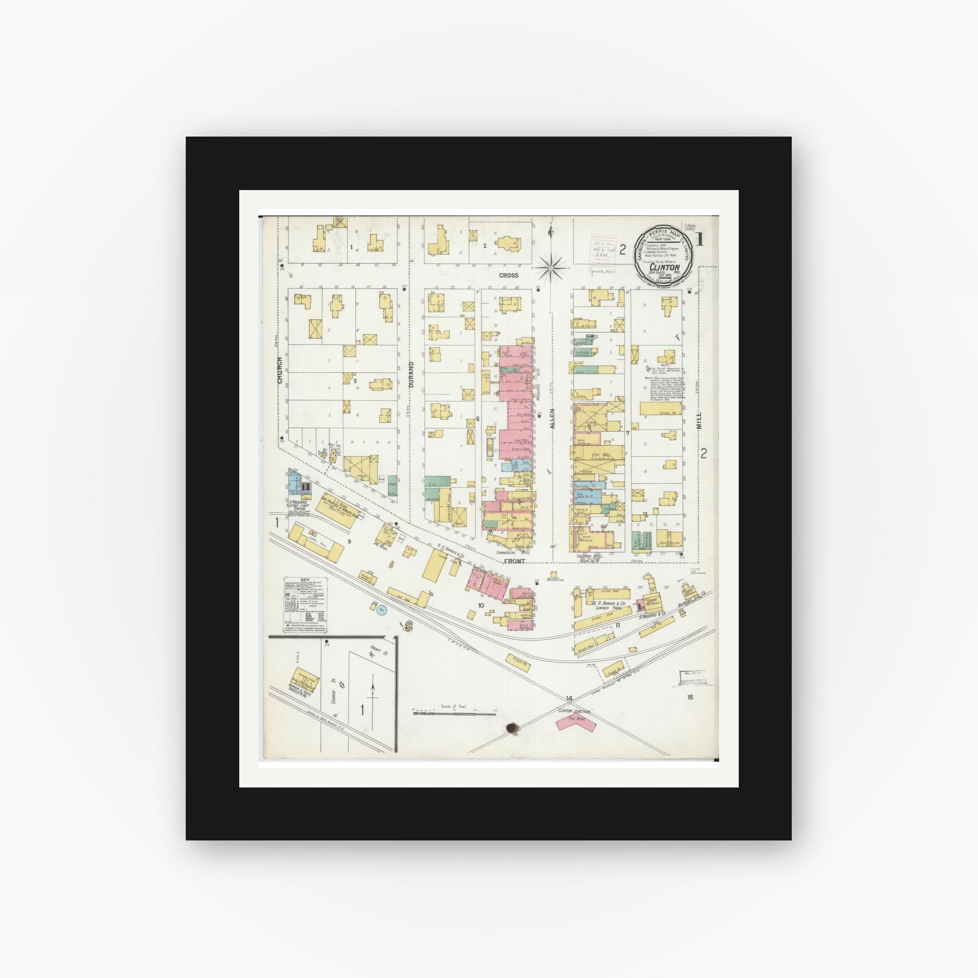 Old map wall art mockup — black gallery frame with white mat — Sanborn Fire Insurance Map from Clinton, Rock County, Wisconsin (1899) - Complete Map Set
