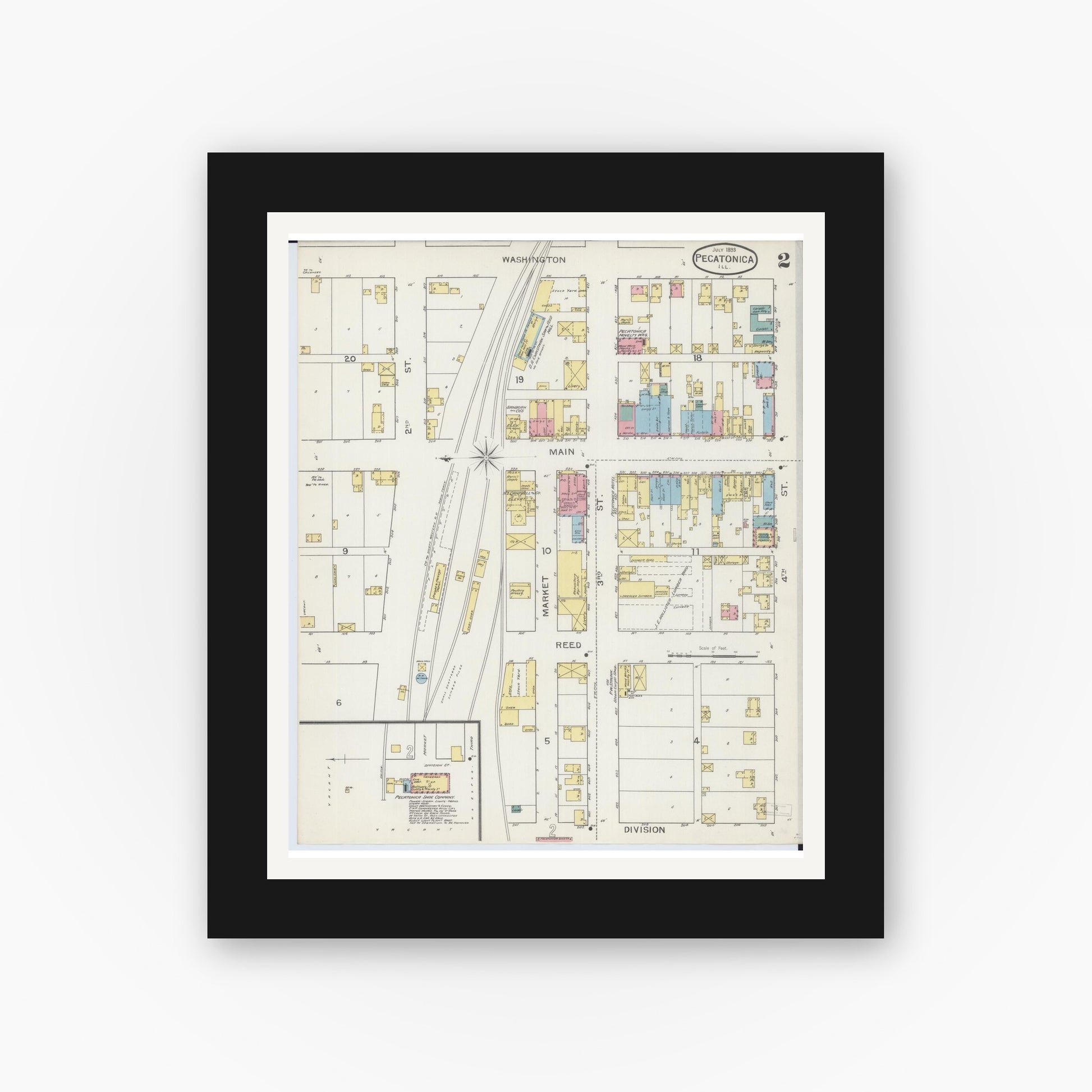 Old map wall art mockup — black gallery frame with white mat — Sanborn Fire Insurance Map from Pecatonica, Winnebago County, Illinois (1893), Sheet #0002