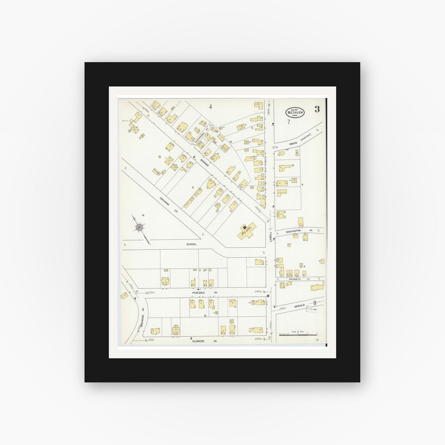 Old map wall art mockup — black gallery frame with white mat — Sanborn Fire Insurance Map from Methuen, Essex County, Massachusetts (1911), Sheet #0003