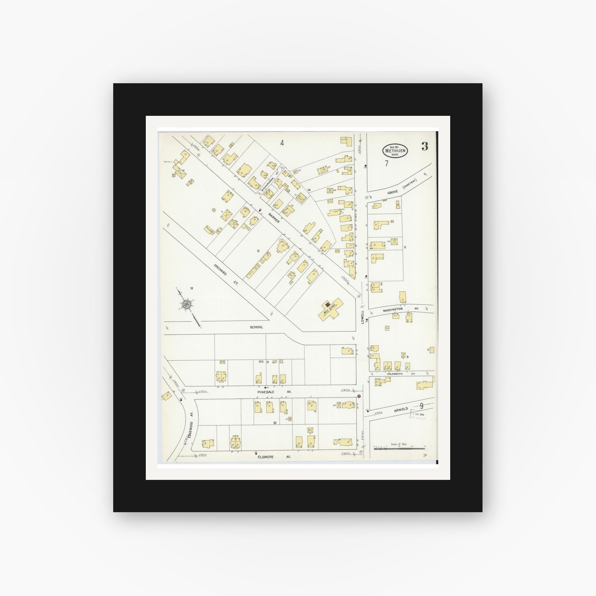 Old map wall art mockup — black gallery frame with white mat — Sanborn Fire Insurance Map from Methuen, Essex County, Massachusetts (1911), Sheet #0003