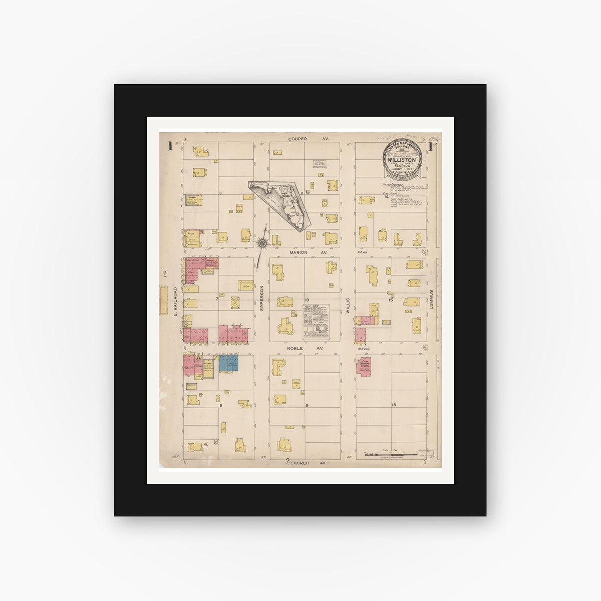Old map wall art mockup — black gallery frame with white mat — Sanborn Fire Insurance Map from Williston, Levy County, Florida (1923), Sheet #0001