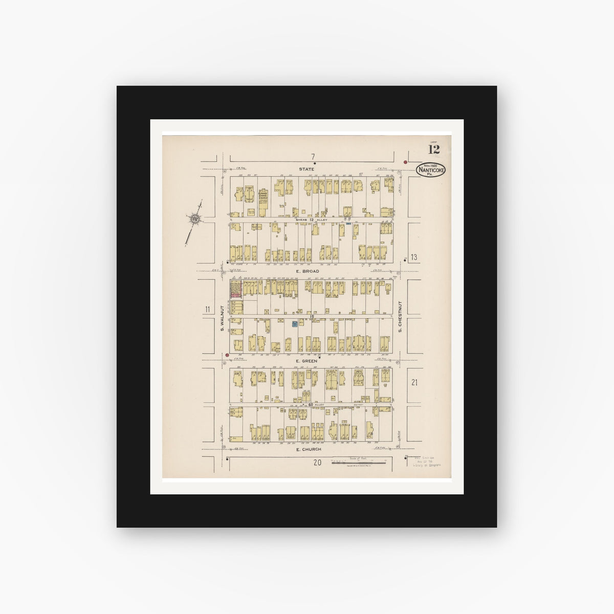 Old map wall art mockup — black gallery frame with white mat — Sanborn Fire Insurance Map from Nanticoke, Luzerne County, Pennsylvania (1920), Sheet #0012