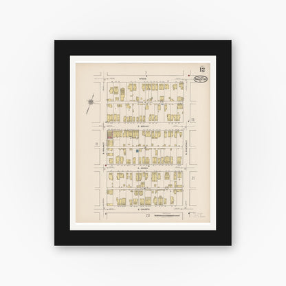 Old map wall art mockup — black gallery frame with white mat — Sanborn Fire Insurance Map from Nanticoke, Luzerne County, Pennsylvania (1920), Sheet #0012