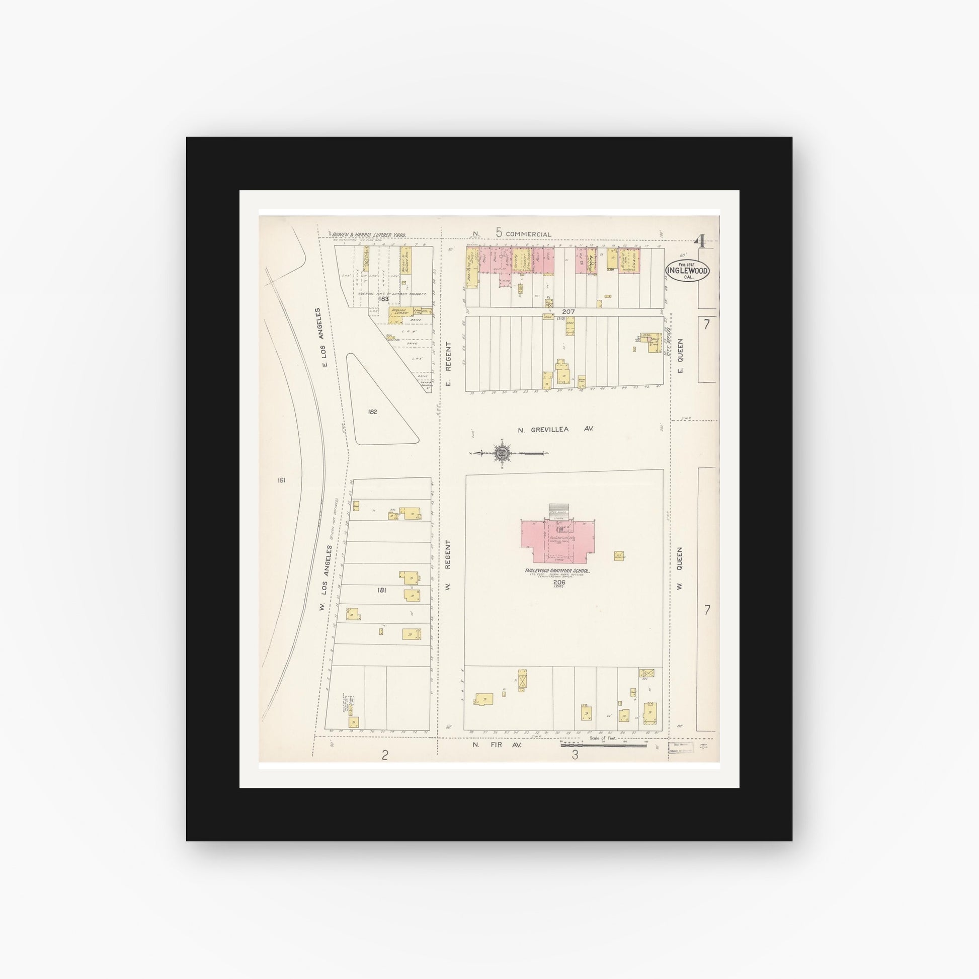 Old map wall art mockup — black gallery frame with white mat — Sanborn Fire Insurance Map from Inglewood, Los Angeles County, California (1912), Sheet #0004