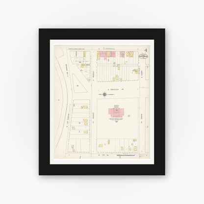 Old map wall art mockup — black gallery frame with white mat — Sanborn Fire Insurance Map from Inglewood, Los Angeles County, California (1912), Sheet #0004