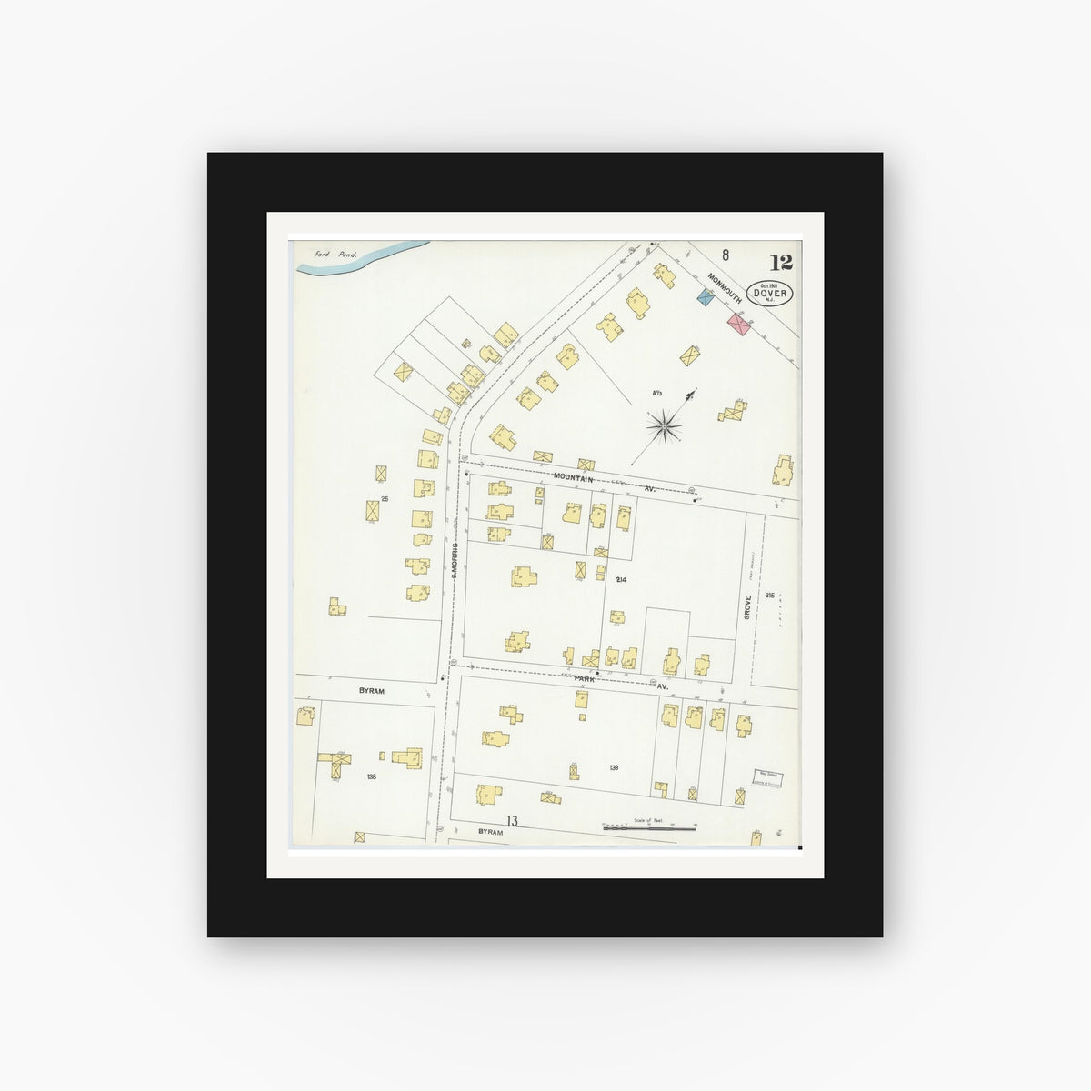 Old map wall art mockup — black gallery frame with white mat — Sanborn Fire Insurance Map from Dover, Morris County, New Jersey (1900), Sheet #0012