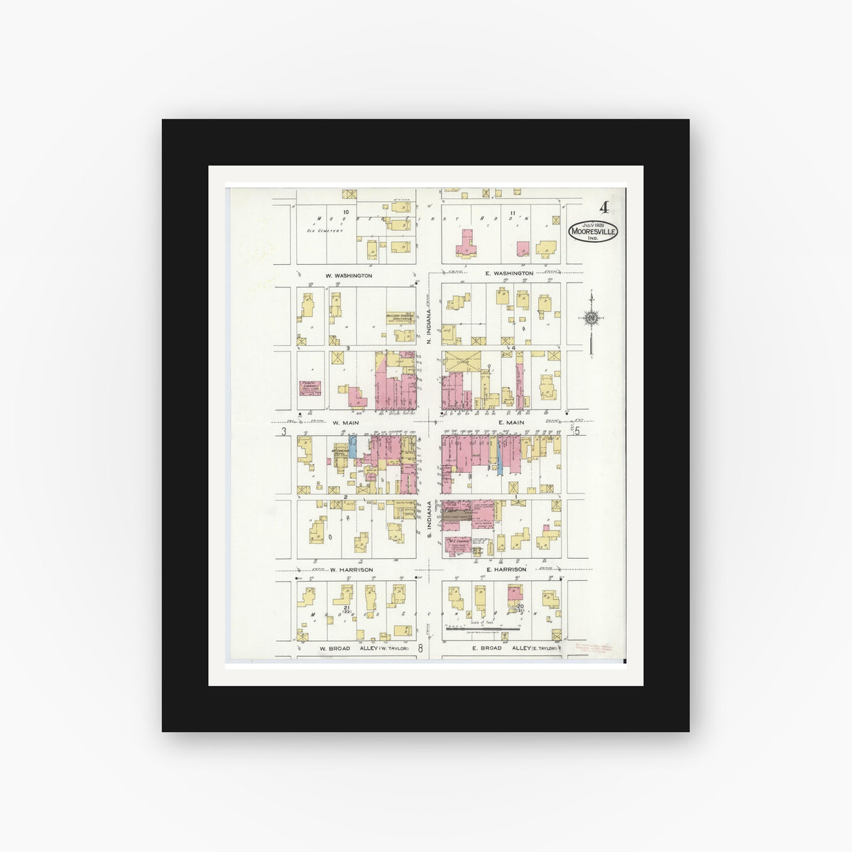 Old map wall art mockup — black gallery frame with white mat — Sanborn Fire Insurance Map from Mooresville, Morgan County, Indiana (1920), Sheet #0004