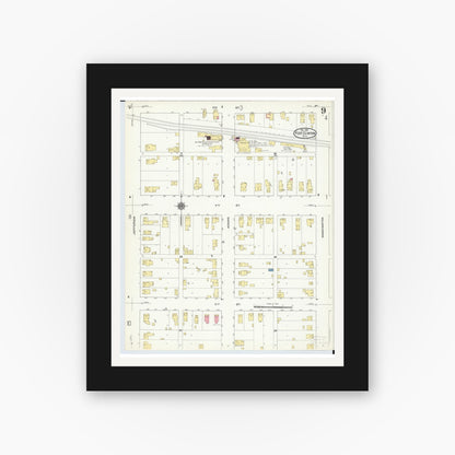 Old map wall art mockup — black gallery frame with white mat — Sanborn Fire Insurance Map from Port Clinton, Ottawa County, Ohio (1910), Sheet #0009