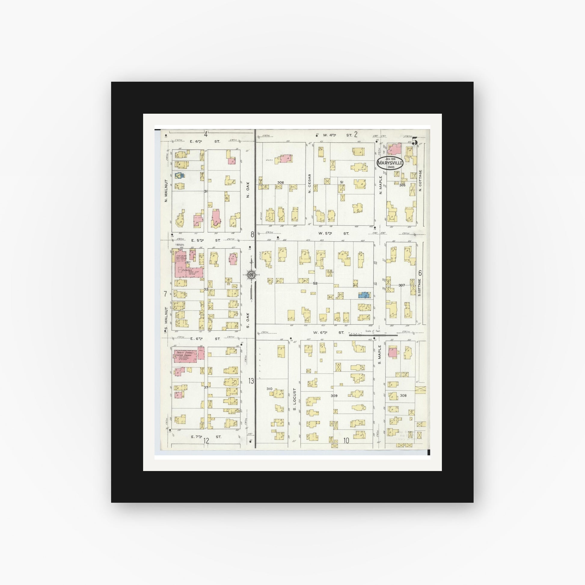Old map wall art mockup — black gallery frame with white mat — Sanborn Fire Insurance Map from Marysville, Union County, Ohio (1916), Sheet #0005