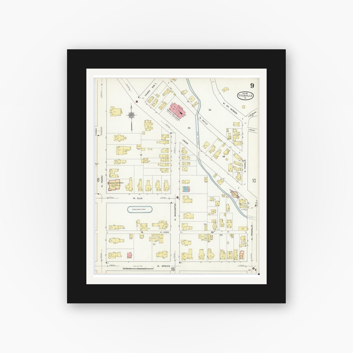 Old map wall art mockup — black gallery frame with white mat — Sanborn Fire Insurance Map from Titusville, Crawford County, Pennsylvania (1912), Sheet #0009