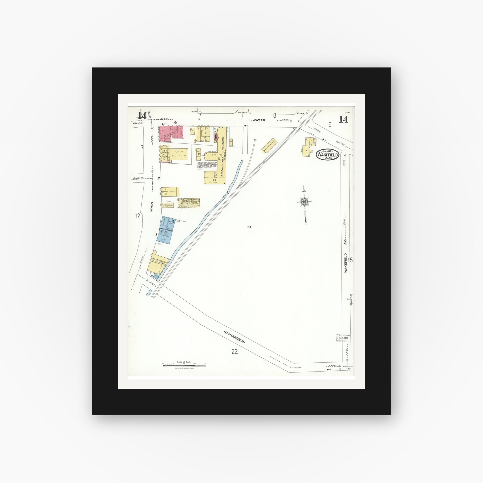 Old map wall art mockup — black gallery frame with white mat — Sanborn Fire Insurance Map from Wakefield, Middlesex County, Massachusetts (1923), Sheet #0014