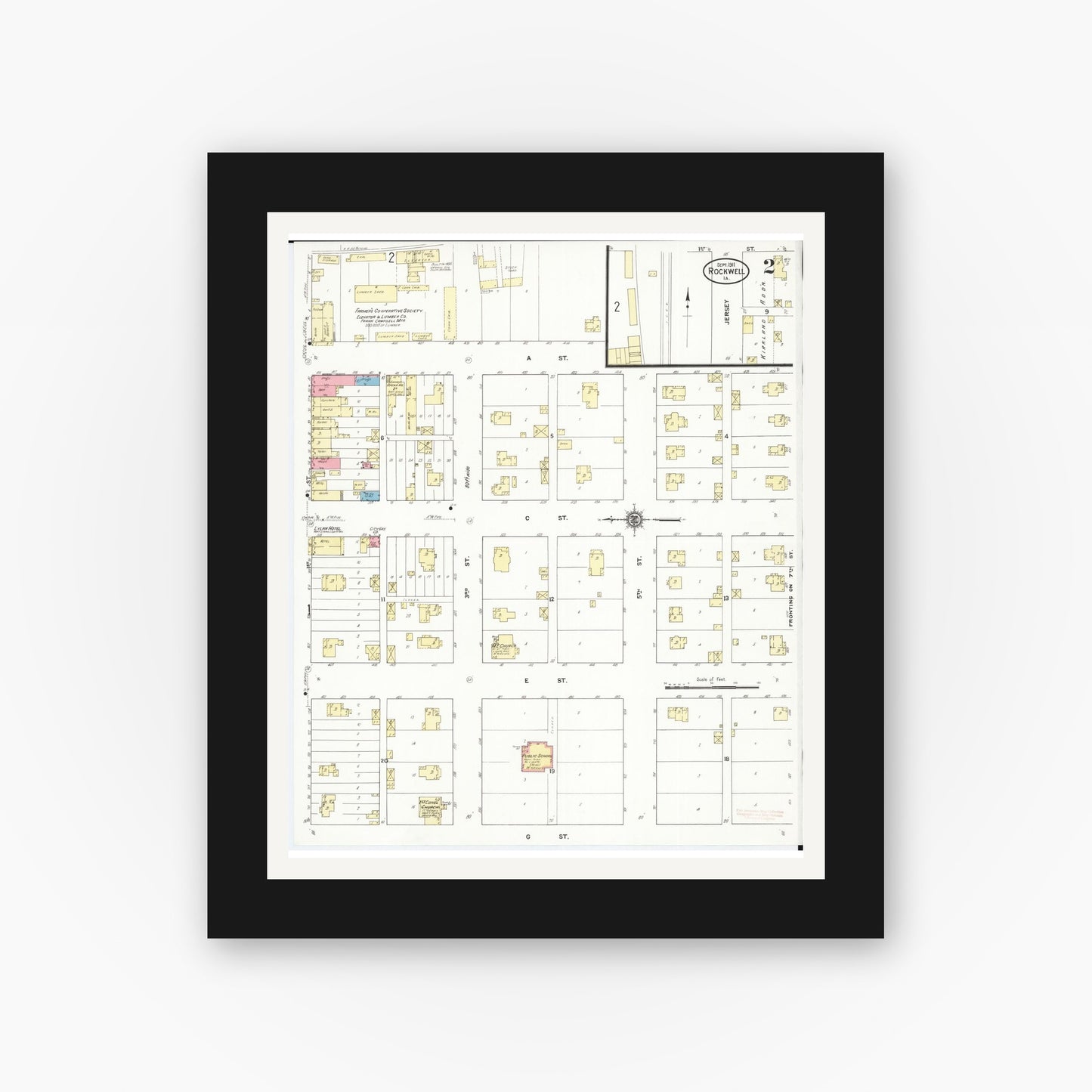 Old map wall art mockup — black gallery frame with white mat — Sanborn Fire Insurance Map from Rockwell, Cerro Gordo County, Iowa (1911), Sheet #0002