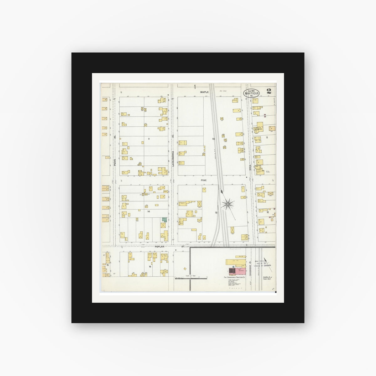 Old map wall art mockup — black gallery frame with white mat — Sanborn Fire Insurance Map from Mayfield, Lackawanna County, Pennsylvania (1903), Sheet #0002
