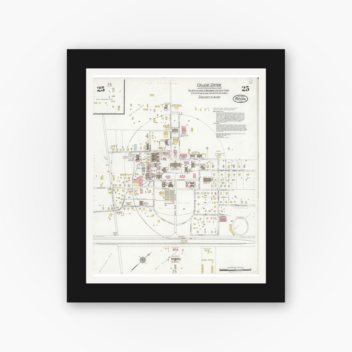 Old map wall art mockup — black gallery frame with white mat — Sanborn Fire Insurance Map from Bryan, Brazos County, Texas (1925), Sheet #0025