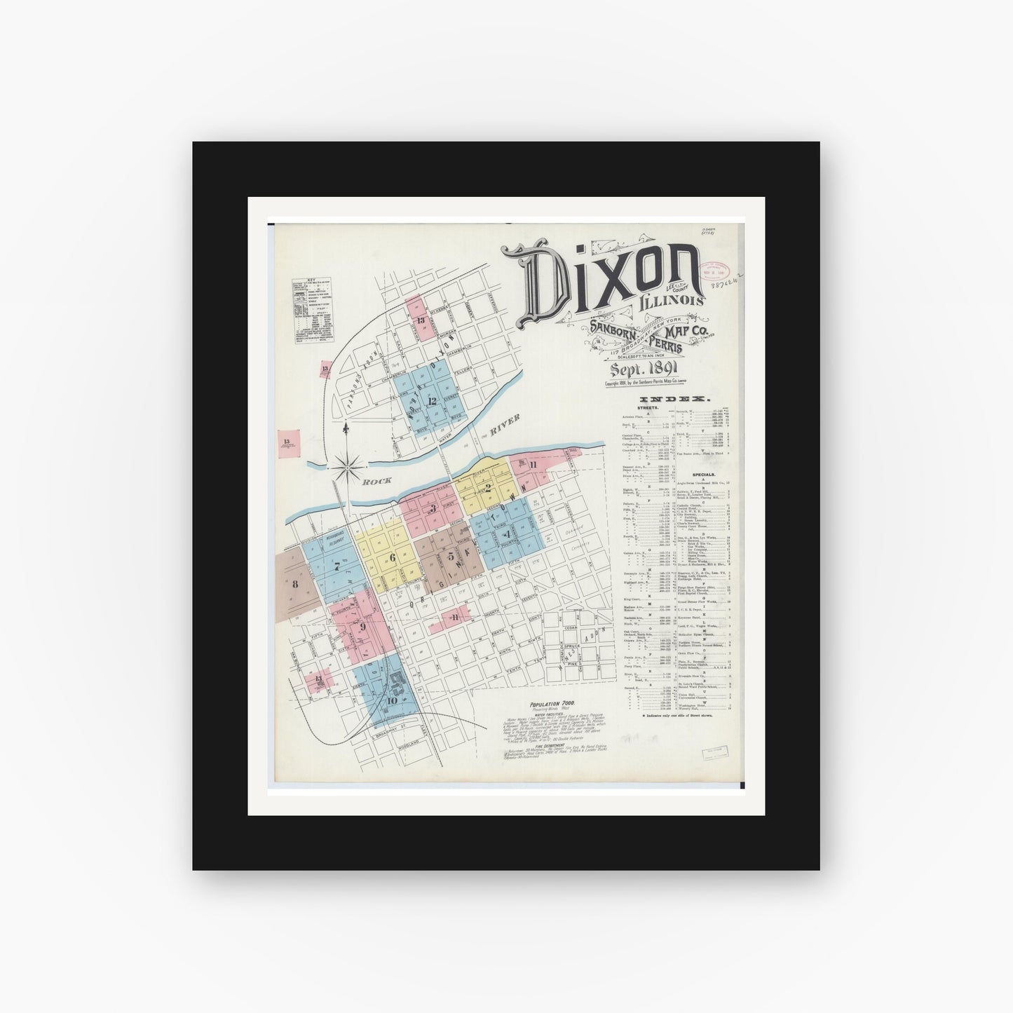 Old map wall art mockup — black gallery frame with white mat — Sanborn Fire Insurance Map from Dixon, Lee County, Illinois (1891), Sheet #0001