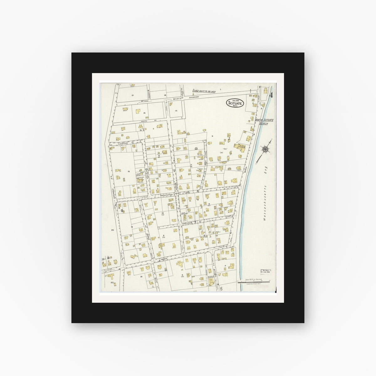 Old map wall art mockup — black gallery frame with white mat — Sanborn Fire Insurance Map from Scituate, Plymouth County, Massachusetts (1918), Sheet #0004