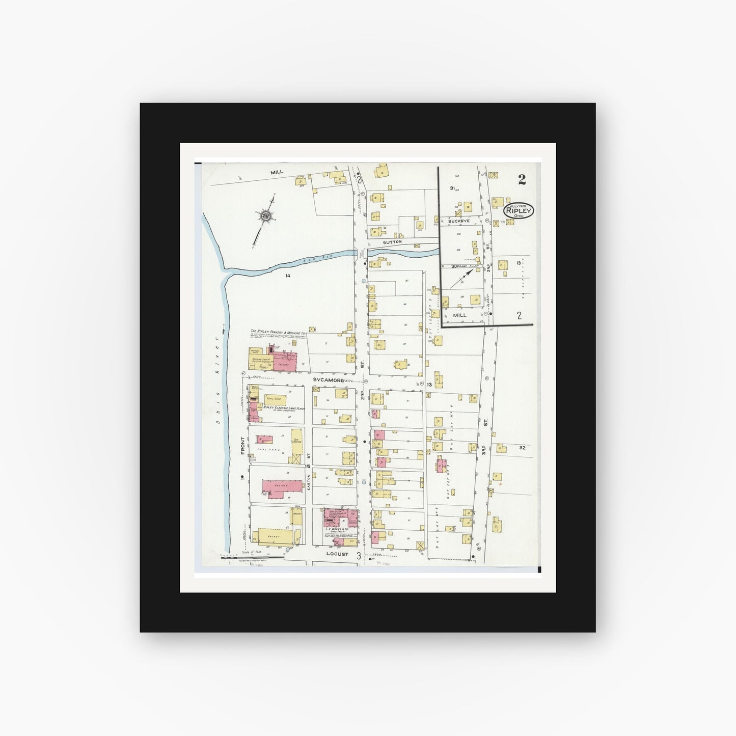 Old map wall art mockup — black gallery frame with white mat — Sanborn Fire Insurance Map from Ripley, Brown County, Ohio (1920), Sheet #0002