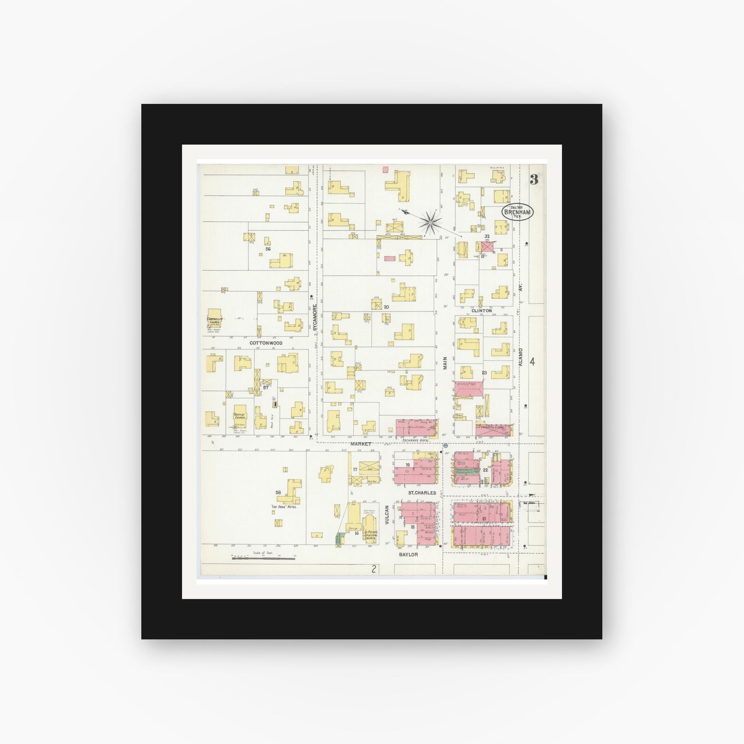 Old map wall art mockup — black gallery frame with white mat — Sanborn Fire Insurance Map from Brenham, Washington County, Texas (1901), Sheet #0003