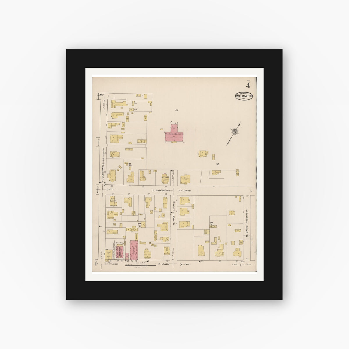 Old map wall art mockup — black gallery frame with white mat — Sanborn Fire Insurance Map from Williamston, Martin County, North Carolina (1921), Sheet #0004