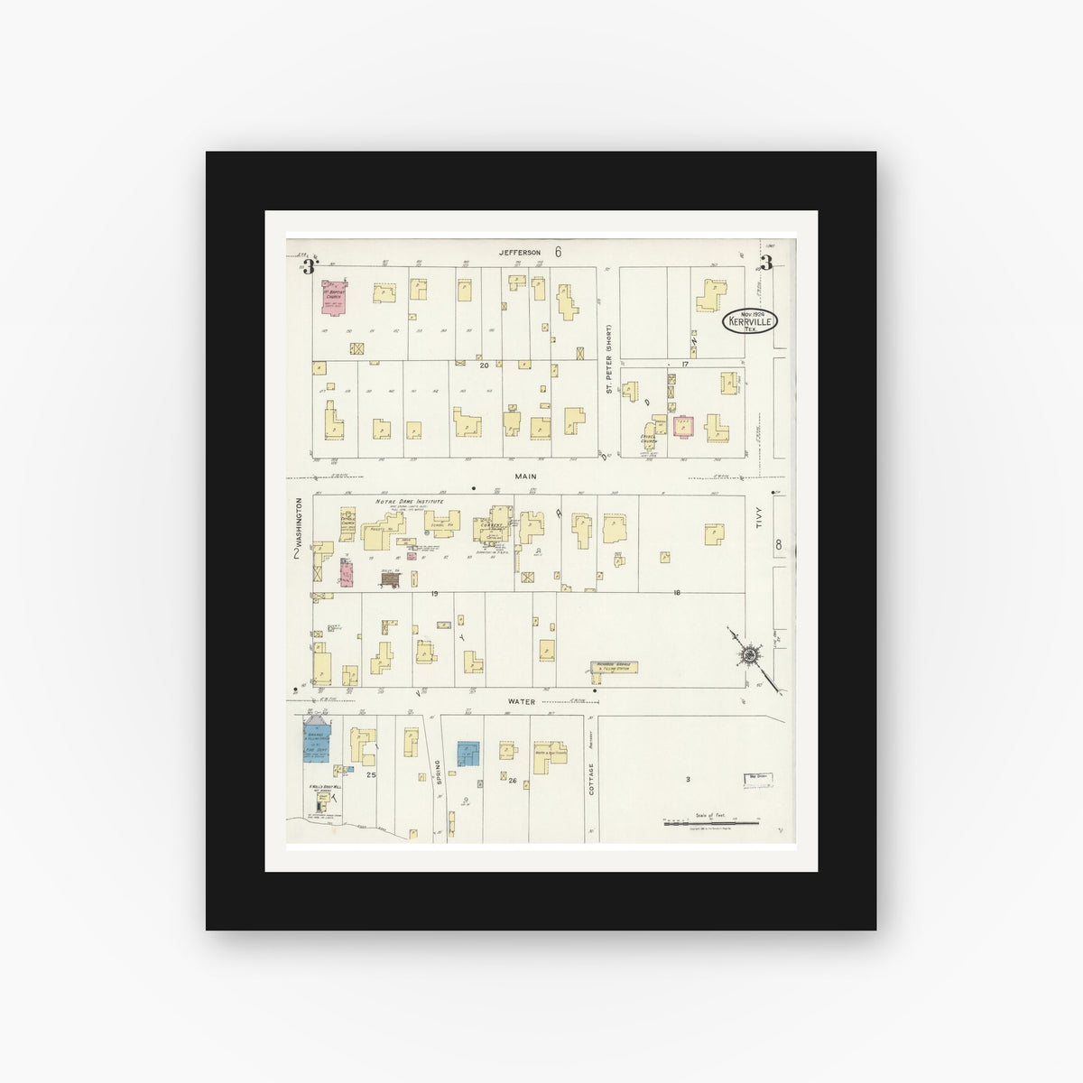 Old map wall art mockup — black gallery frame with white mat — Sanborn Fire Insurance Map from Kerrville, Kerr County, Texas (1924), Sheet #0003