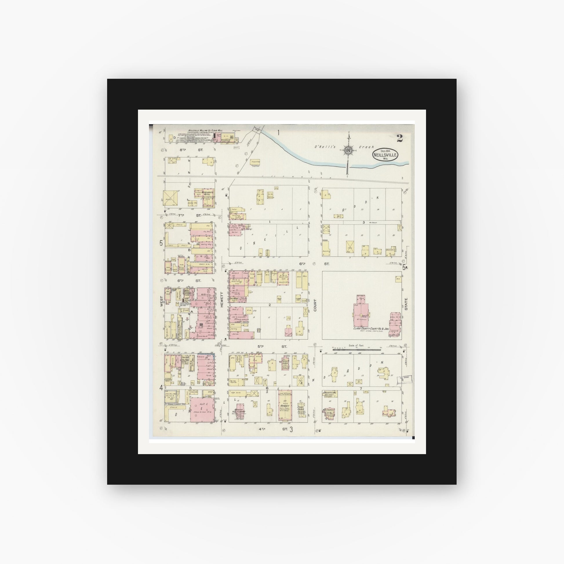 Old map wall art mockup — black gallery frame with white mat — Sanborn Fire Insurance Map from Neillsville, Clark County, Wisconsin (1914), Sheet #0002