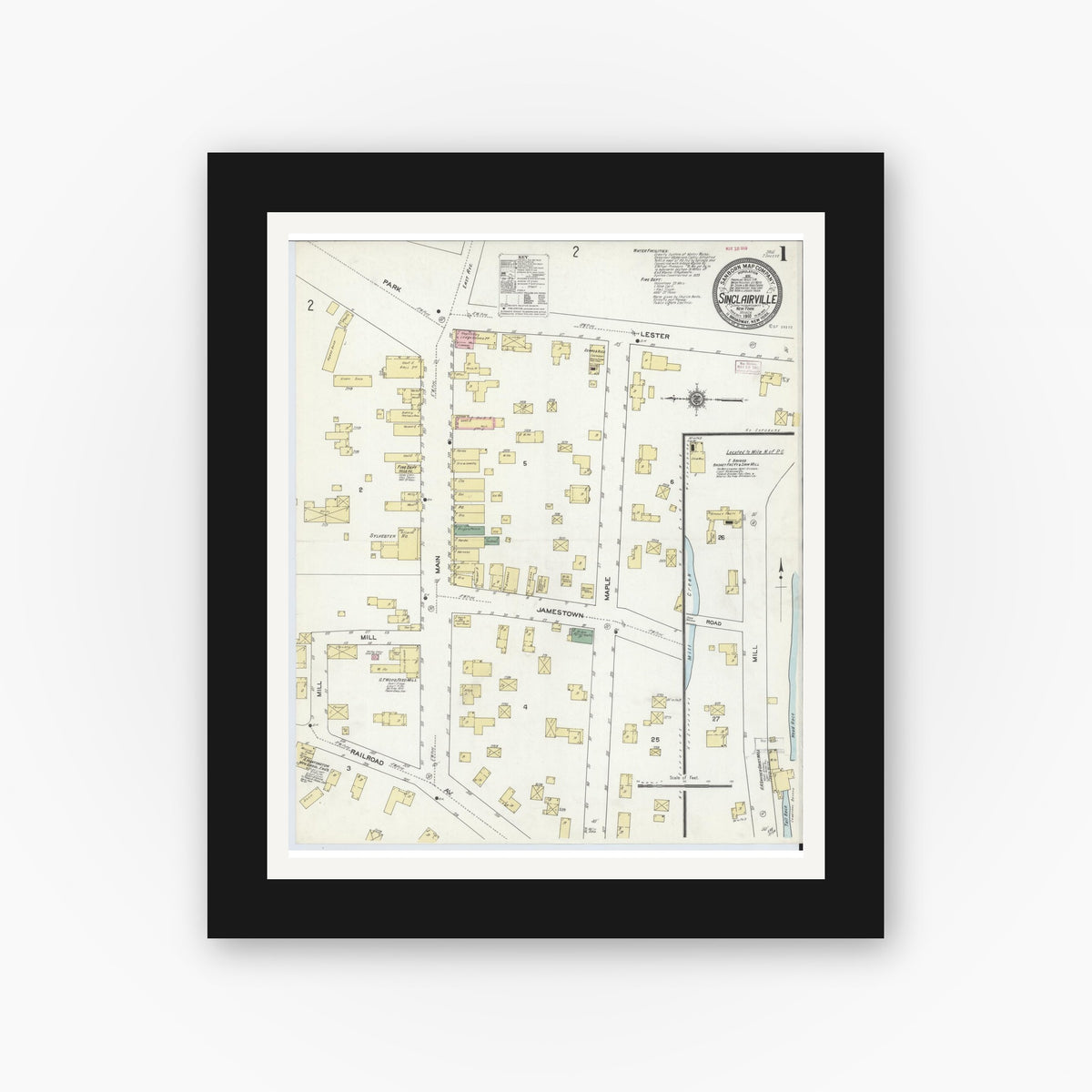 Old map wall art mockup — black gallery frame with white mat — Sanborn Fire Insurance Map from Sinclairville, Chautauqua County, New York (1910), Sheet #0001