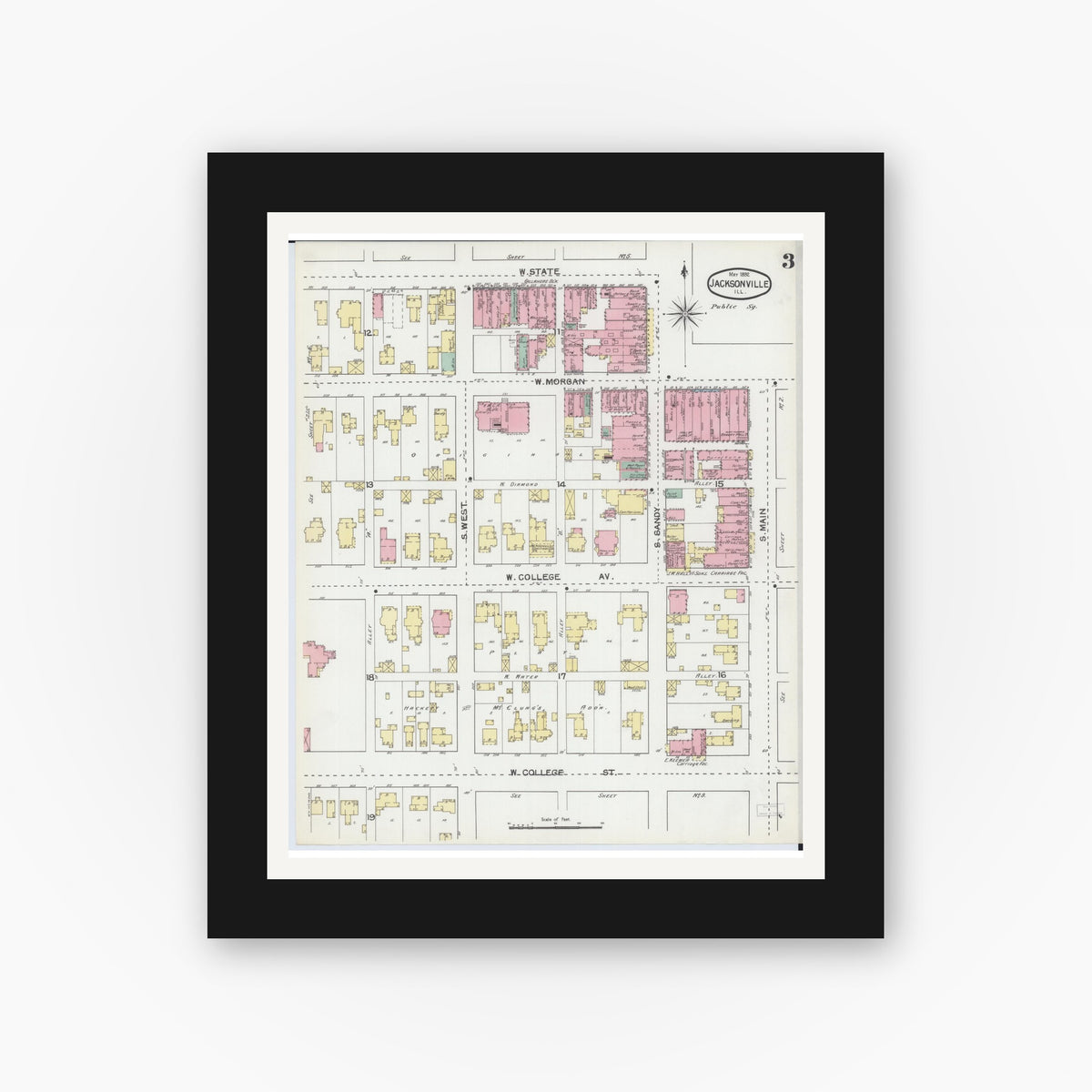 Old map wall art mockup — black gallery frame with white mat — Sanborn Fire Insurance Map from Jacksonville, Morgan County, Illinois (1892), Sheet #0003