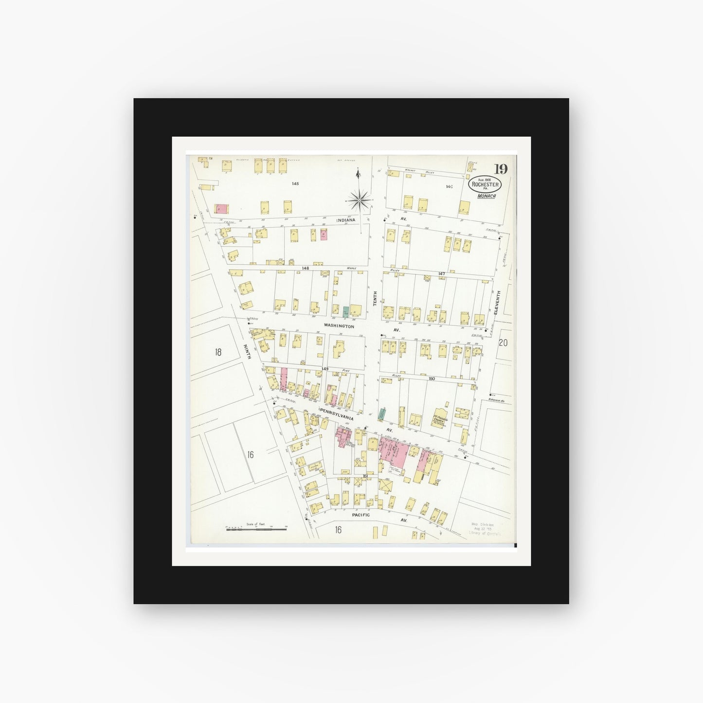 Old map wall art mockup — black gallery frame with white mat — Sanborn Fire Insurance Map from Rochester, Beaver County, Pennsylvania (1908), Sheet #0018